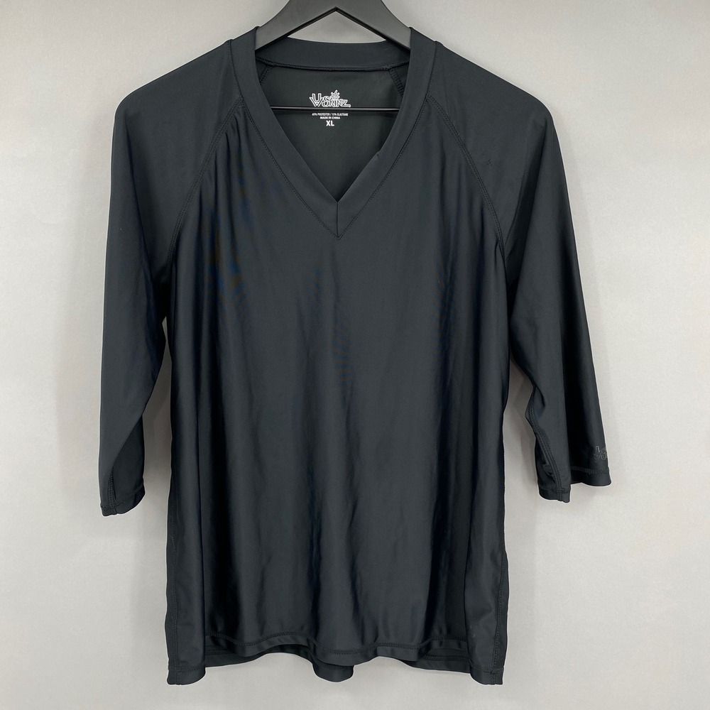 UV Skinz Rash Guard Sun Shirt Women XL Black V-Neck UPF 50+ 3/4 Sleeve